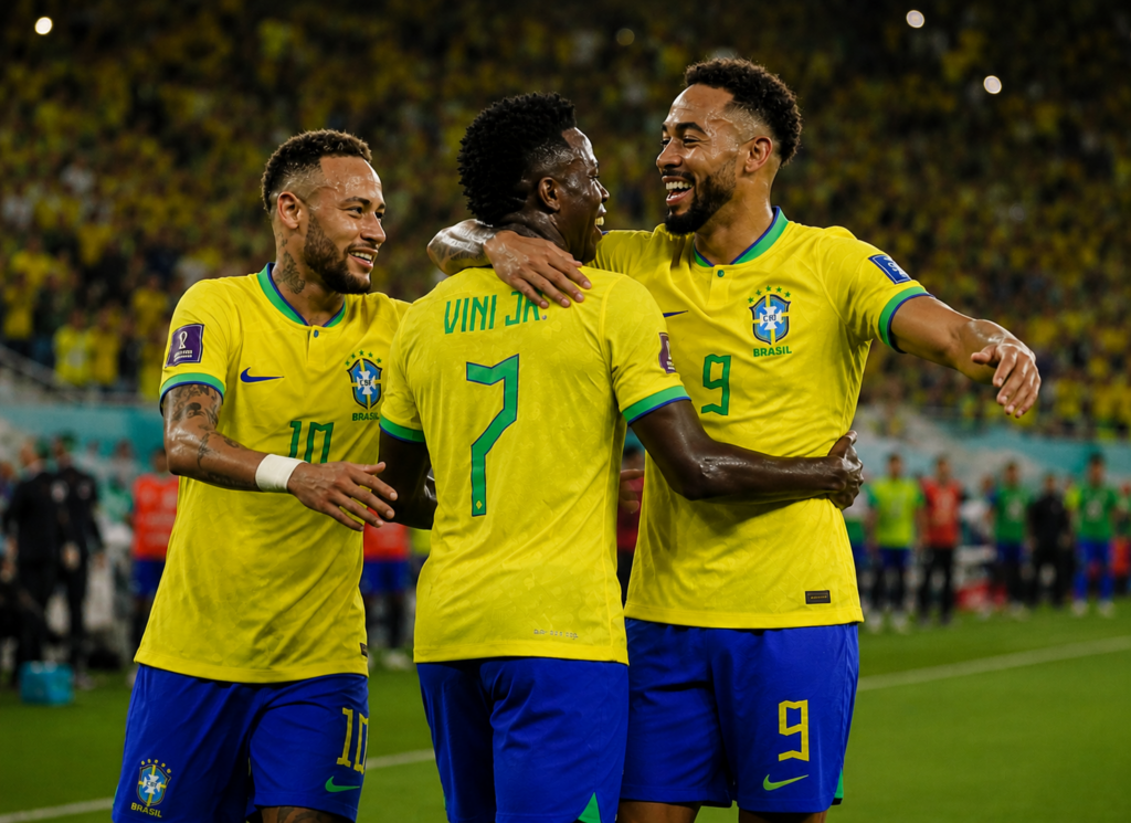 Brasil x Escócia: imagem ilustrativa gerada por IA mostra jogadores da Seleção Brasileira comemorando a vitória por 3 a 0 na fase de grupos da Copa do Mundo de 2026.