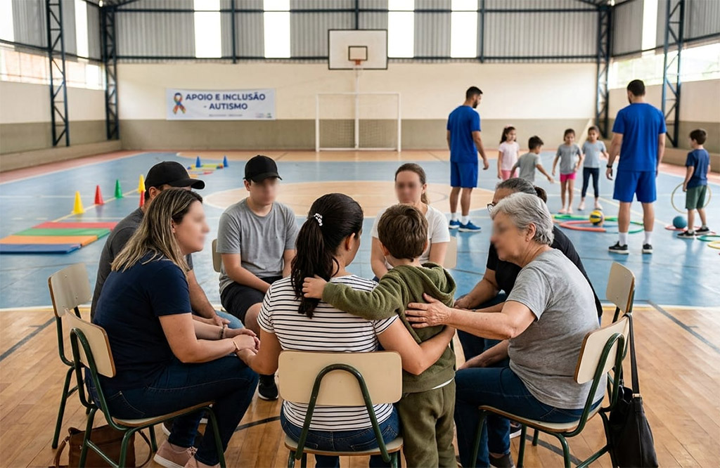 Família atípica recebe apoio comunitário e suporte emocional em ambiente acolhedor