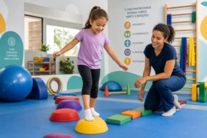 Criança realiza atividade de psicomotricidade durante sessão de desenvolvimento infantil