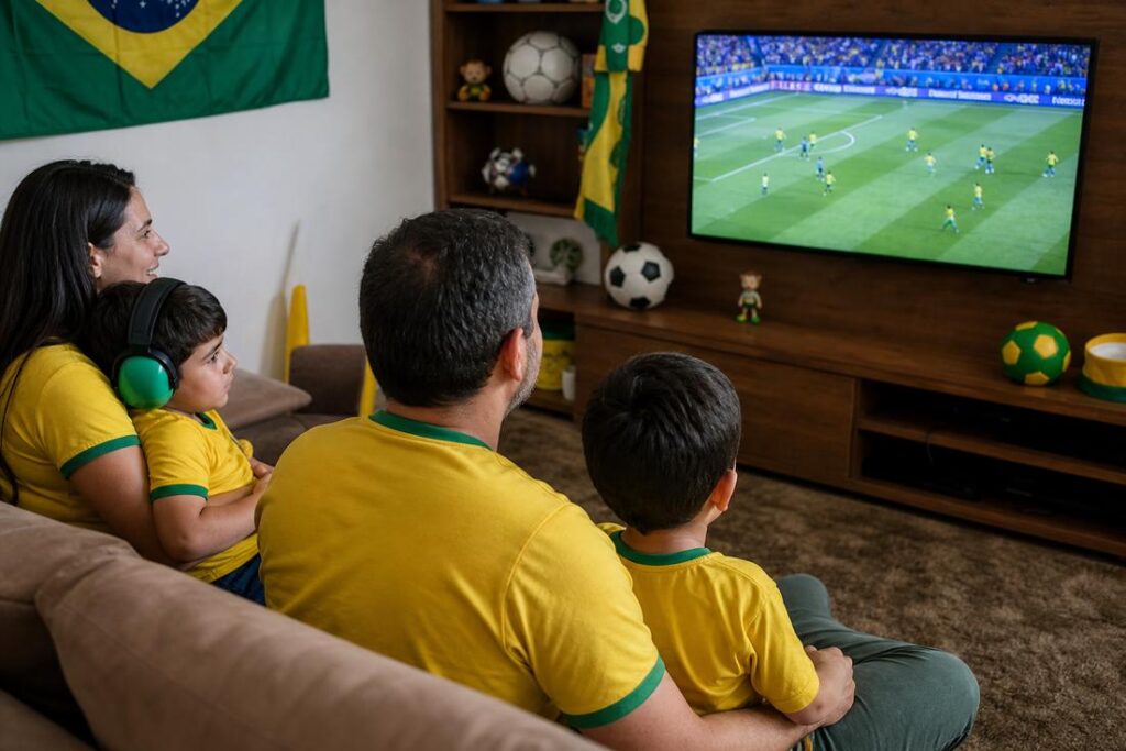 Representação de crianças acompanhando evento esportivo durante período da Copa do Mundo e seus impactos sensoriais no autismo