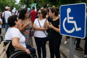 Símbolo de acessibilidade em atividade de conscientização sobre inclusão e acessibilidade universal