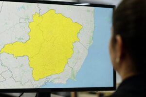 Mapa de Minas Gerais sob alerta de tempestade emitido pelo Inmet