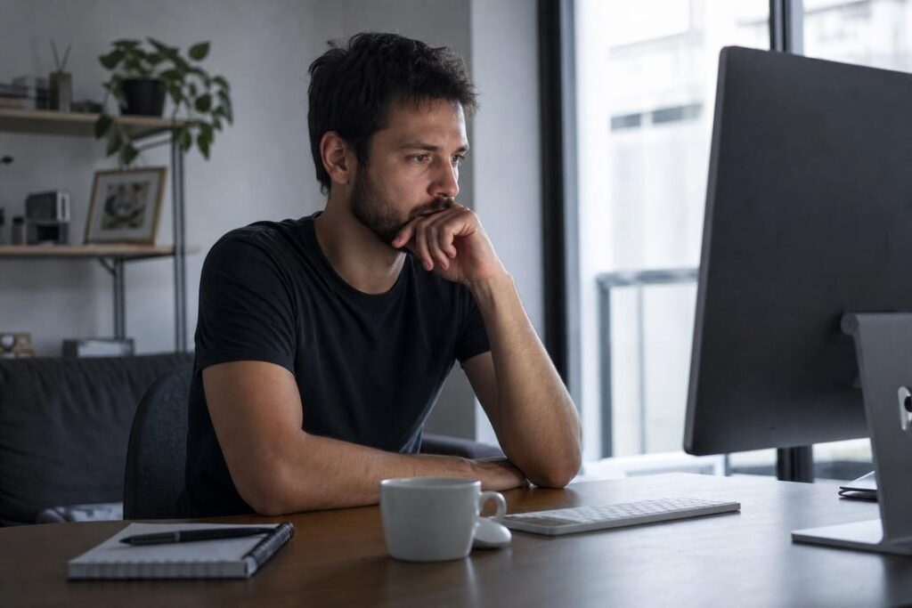Profissional trabalhando em home office sozinho, ilustrando os impactos do isolamento na saúde mental.