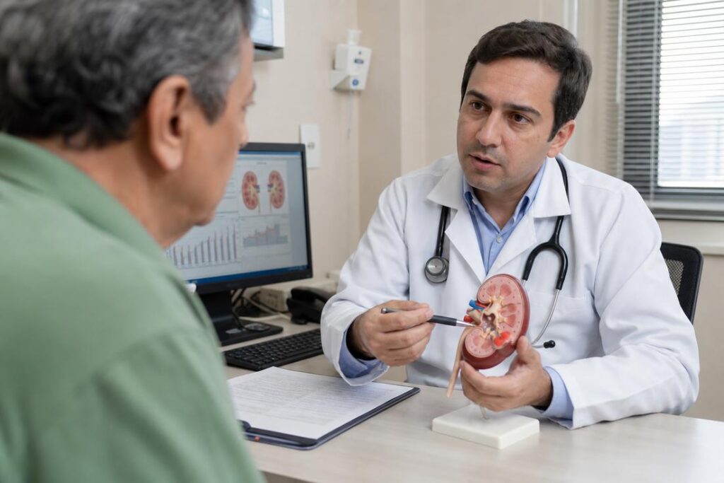 Profissionais de saúde explicam os riscos da doença renal crônica relacionada à hipertensão e diabetes