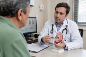 Profissionais de saúde explicam os riscos da doença renal crônica relacionada à hipertensão e diabetes
