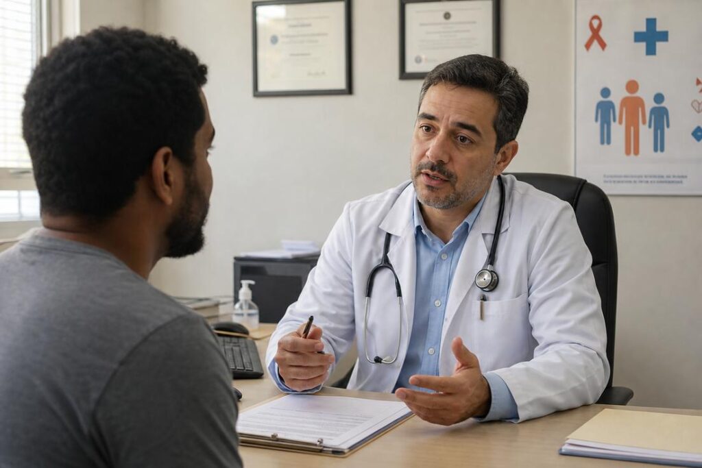 Imagem ilustrativa gerada por IA representando profissionais de saúde durante anúncio sobre o uso do fostensavir no SUS para HIV-1 multirresistente.