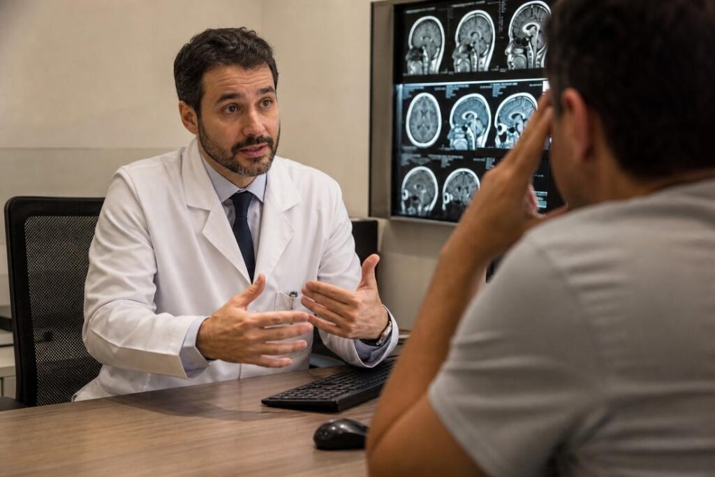 Imagem ilustrativa gerada por IA representando paciente durante consulta para avaliação de dor de cabeça.