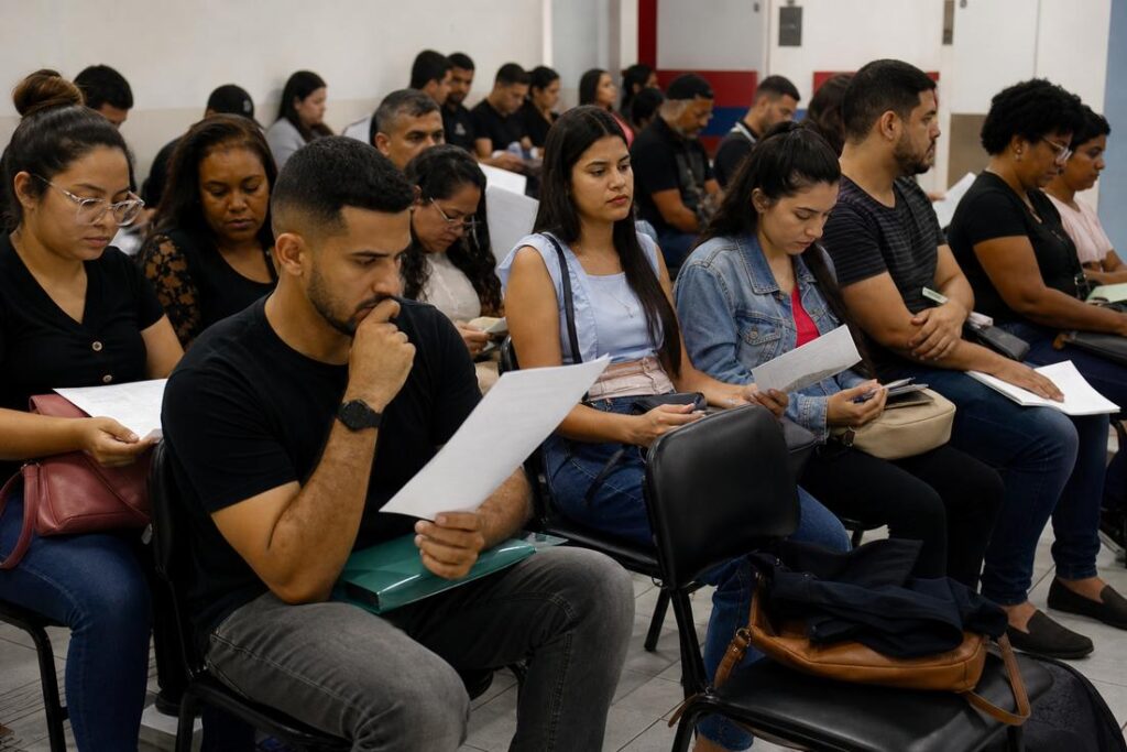 Imagem ilustrativa gerada por IA mostrando candidatos durante preparação para o concurso público em Ipatinga.