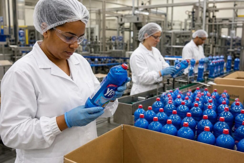 Imagem ilustrativa gerada por IA mostrando inspeção em linha de produção de produtos Ypê suspensos pela Anvisa.