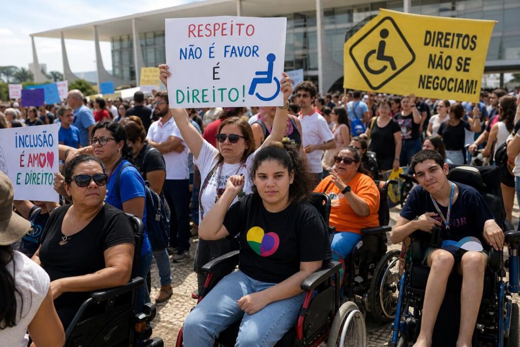 Imagem ilustrativa gerada por IA representando a mobilização em defesa dos direitos das pessoas com deficiência durante o julgamento das ADIs 7779 e 7790.