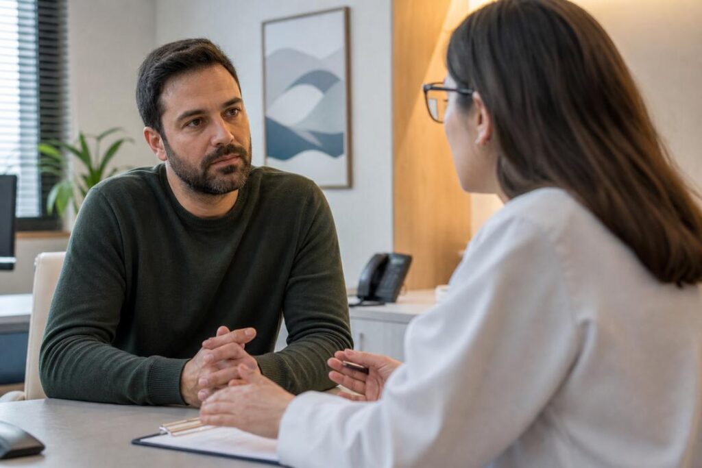 Imagem ilustrativa gerada por IA mostrando uma consulta médica relacionada à avaliação do TDAH em adultos e ao diagnóstico do transtorno.