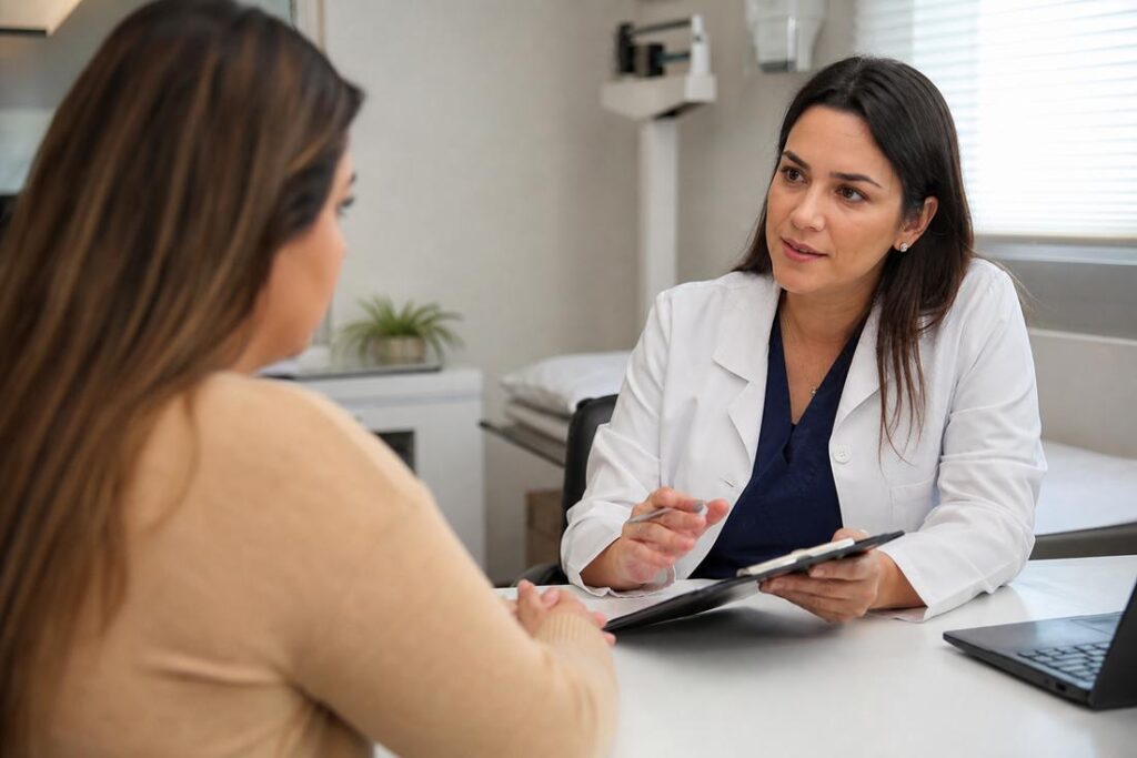 Paciente em consulta médica recebendo orientações sobre intolerância à lactose e alternativas alimentares.