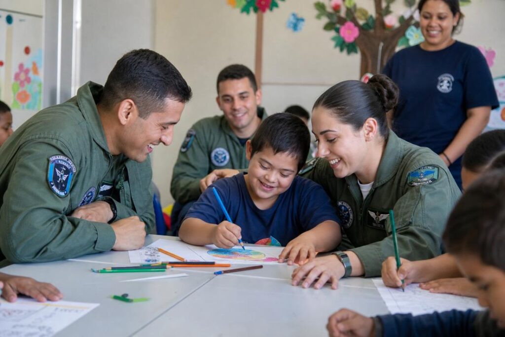 Imagem ilustrativa gerada por IA representando militares da Força Aérea Brasileira durante atividade de integração na visita da FAB à APAE de Guaratinguetá.