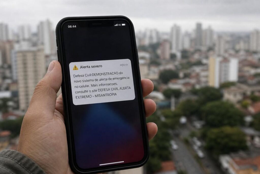 Imagem ilustrativa gerada por IA representando um telefone celular exibindo um alerta falso da Defesa Civil durante investigação sobre o sistema de mensagens.