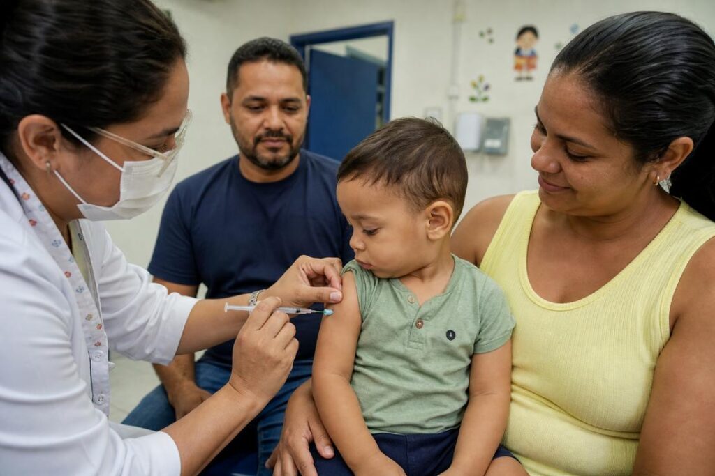 Imagem ilustrativa gerada por IA representando a aplicação da vacina Pneumo 20 em uma criança durante atendimento em unidade de saúde do SUS.
