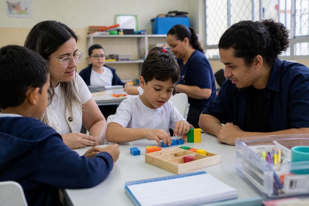 Imagem ilustrativa gerada por IA representando estudantes em ambiente escolar inclusivo, destacando os direitos dos alunos autistas nas escolas brasileiras.