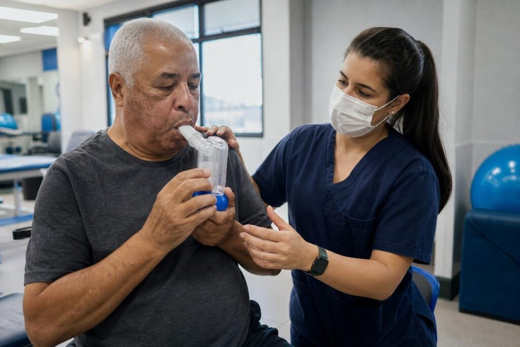 Imagem ilustrativa gerada por IA mostra atendimento de fisioterapia respiratória para paciente com DPOC no inverno durante orientação sobre saúde pulmonar.