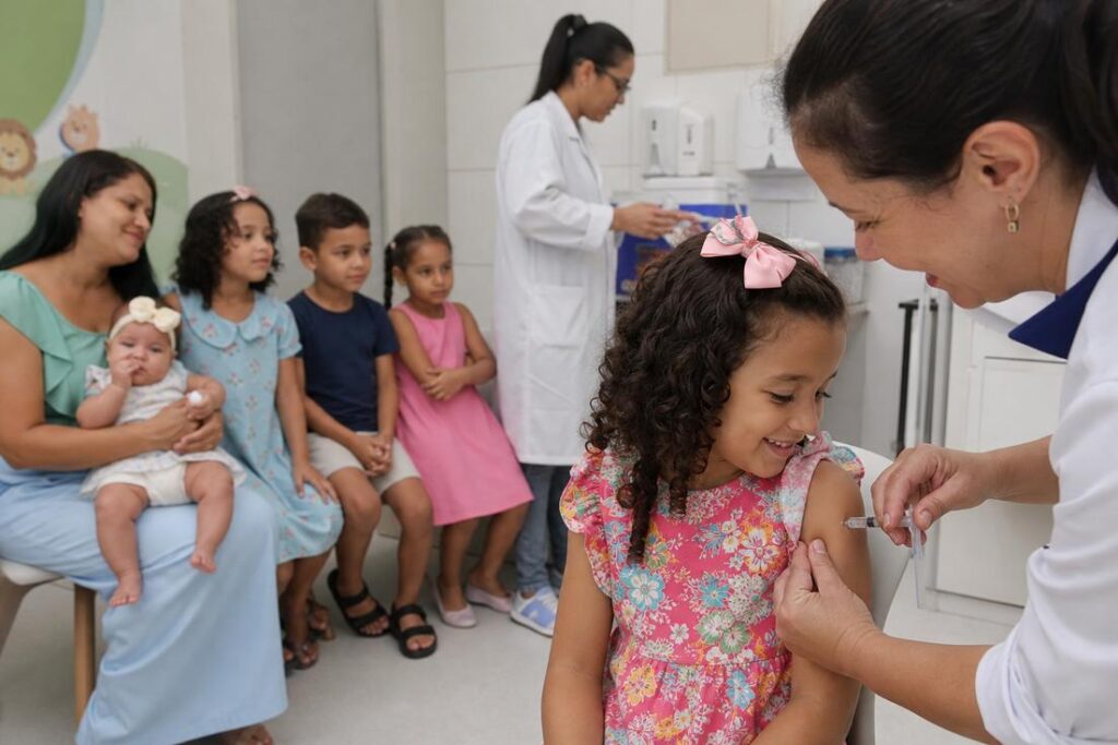Imagem ilustrativa gerada por IA mostra crianças durante campanha da vacina contra poliomielite em unidade de vacinação.