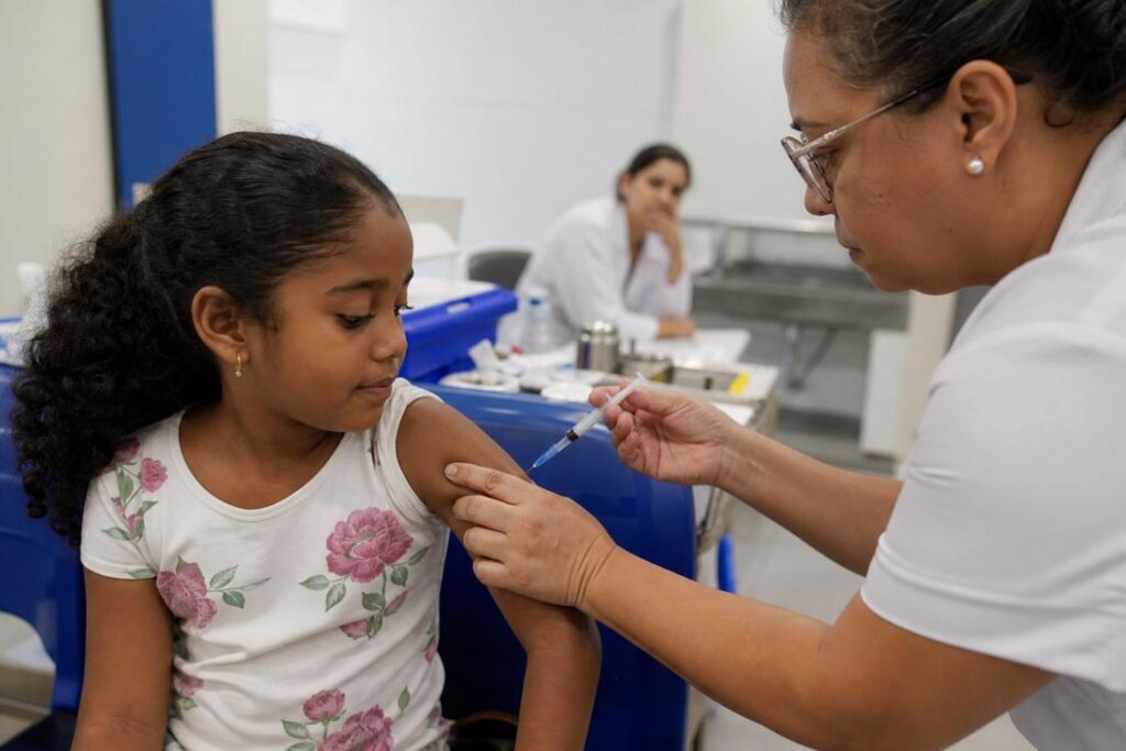 Imagem ilustrativa gerada por IA mostra criança recebendo vacina durante campanha de vacinação contra gripe em Belo Horizonte.
