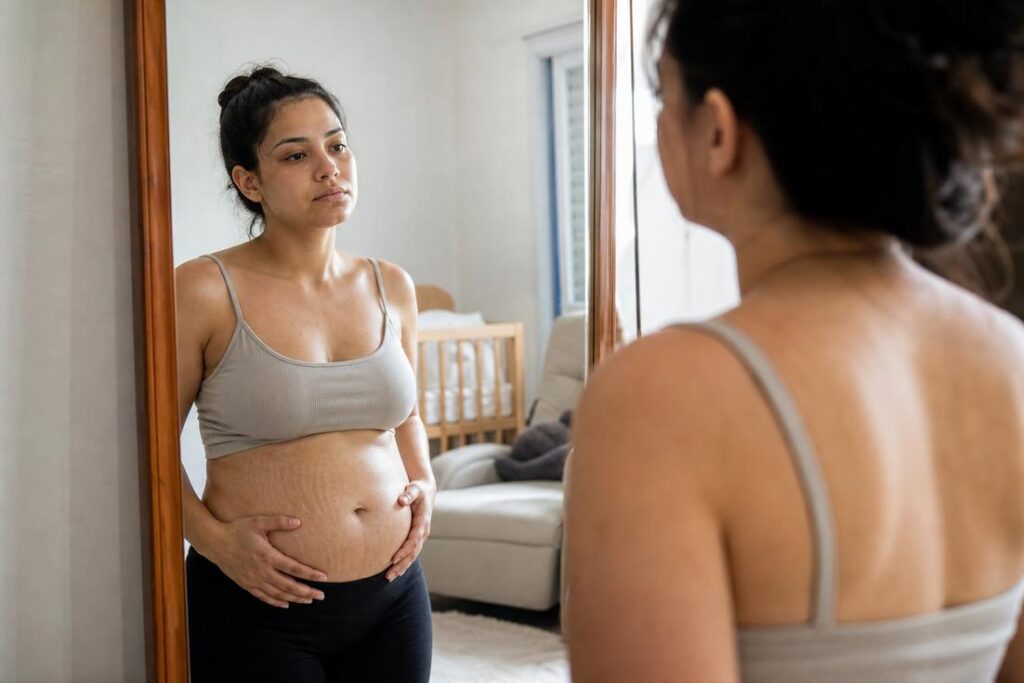 Imagem ilustrativa gerada por IA mostra mulher observando mudanças do corpo pós-parto durante o período de recuperação após a gravidez.