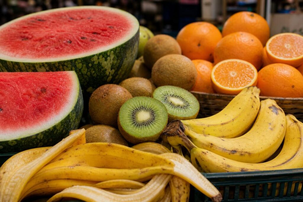 Imagem ilustrativa gerada por IA mostra frutas com casca comestível, como melancia, kiwi, banana e laranja, utilizadas para reduzir o desperdício alimentar.