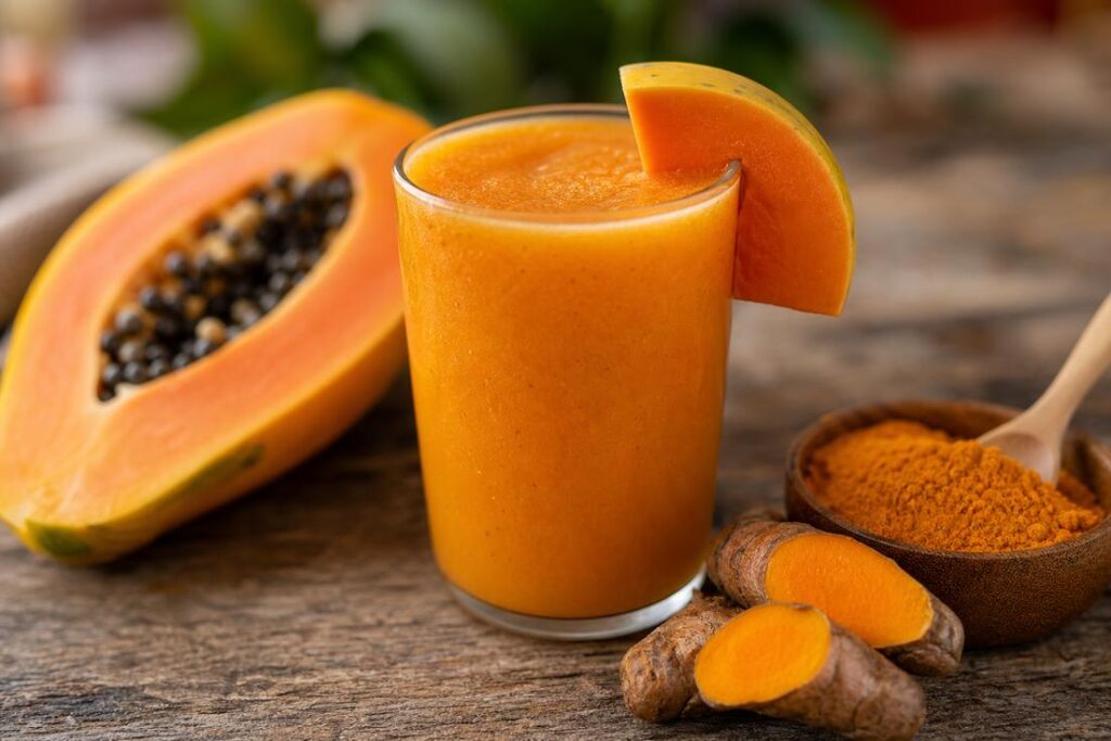 Mamão e cúrcuma utilizados em bebida saudável para apoio à saúde intestinal.