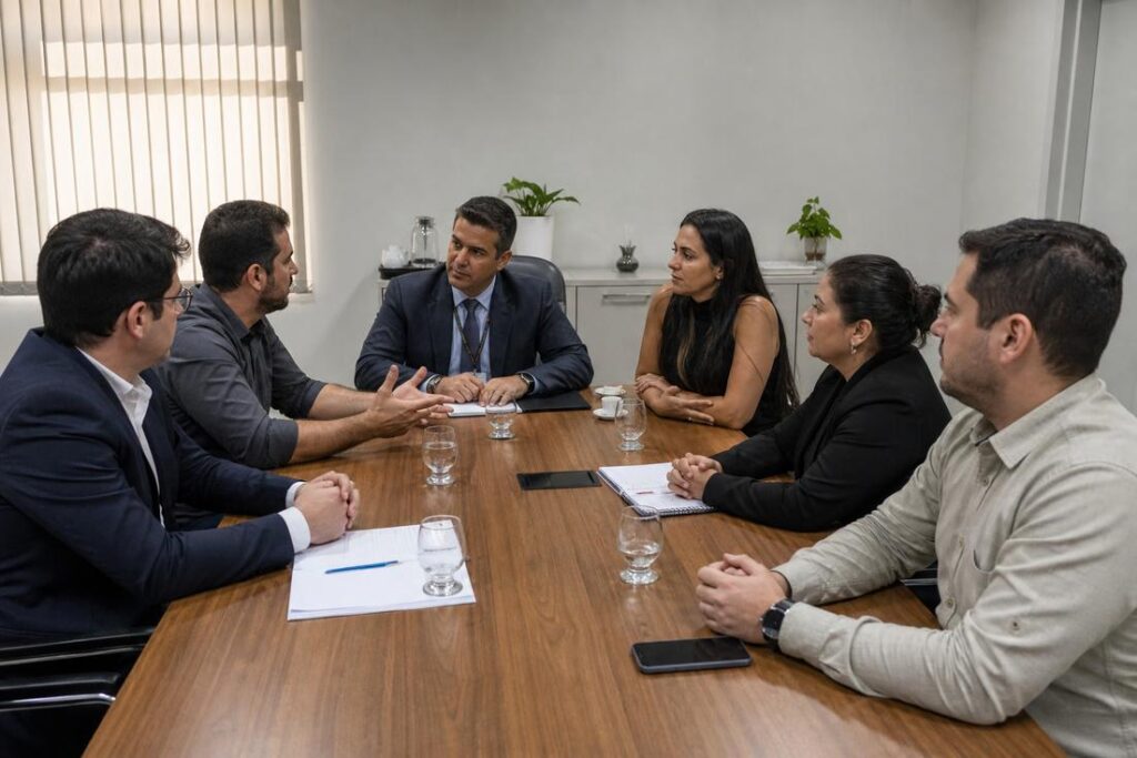 Imagem ilustrativa gerada por IA representa equipe do Procon de Timóteo durante visita técnica com representantes de Coronel Fabriciano para troca de experiências.