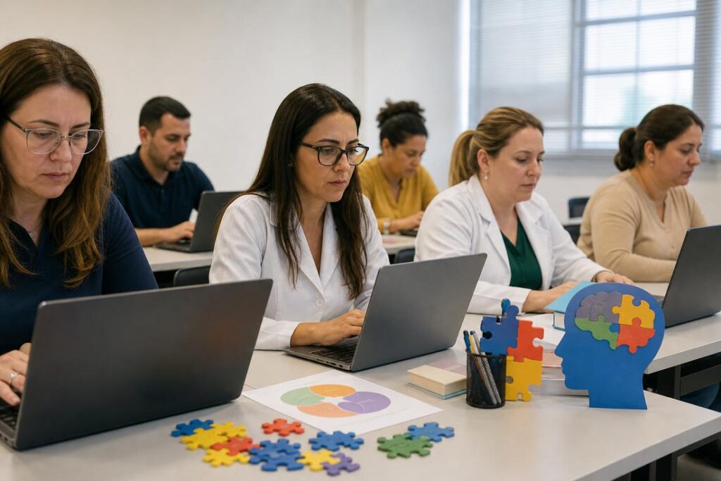 Imagem ilustrativa gerada por IA mostra profissionais participando de curso sobre autismo promovido pelo SUS.