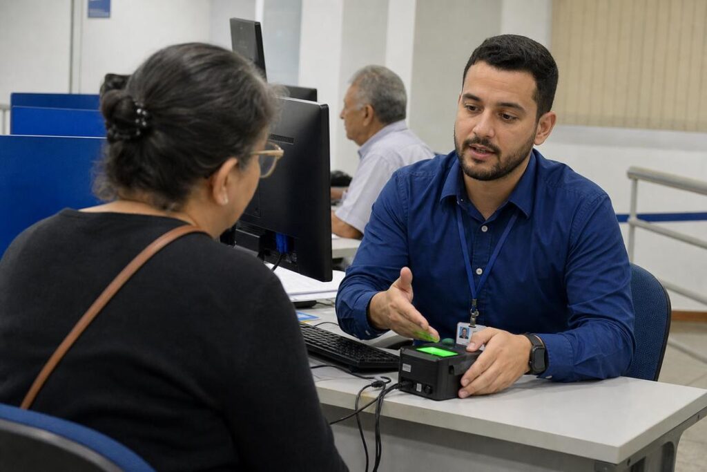 Idoso realizando validação de biometria INSS para acesso a benefício previdenciário