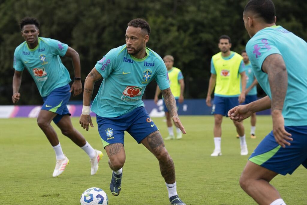 Neymar na Seleção Brasileira durante treinamento antes do jogo contra a Escócia pela Copa do Mundo de 2026 em imagem ilustrativa gerada por IA.