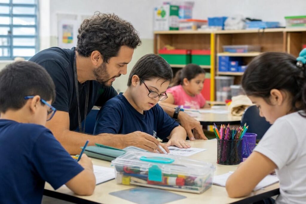 Imagem ilustrativa gerada por IA mostra professor conduzindo atividade de educação inclusiva com alunos neurodivergentes em sala de aula.