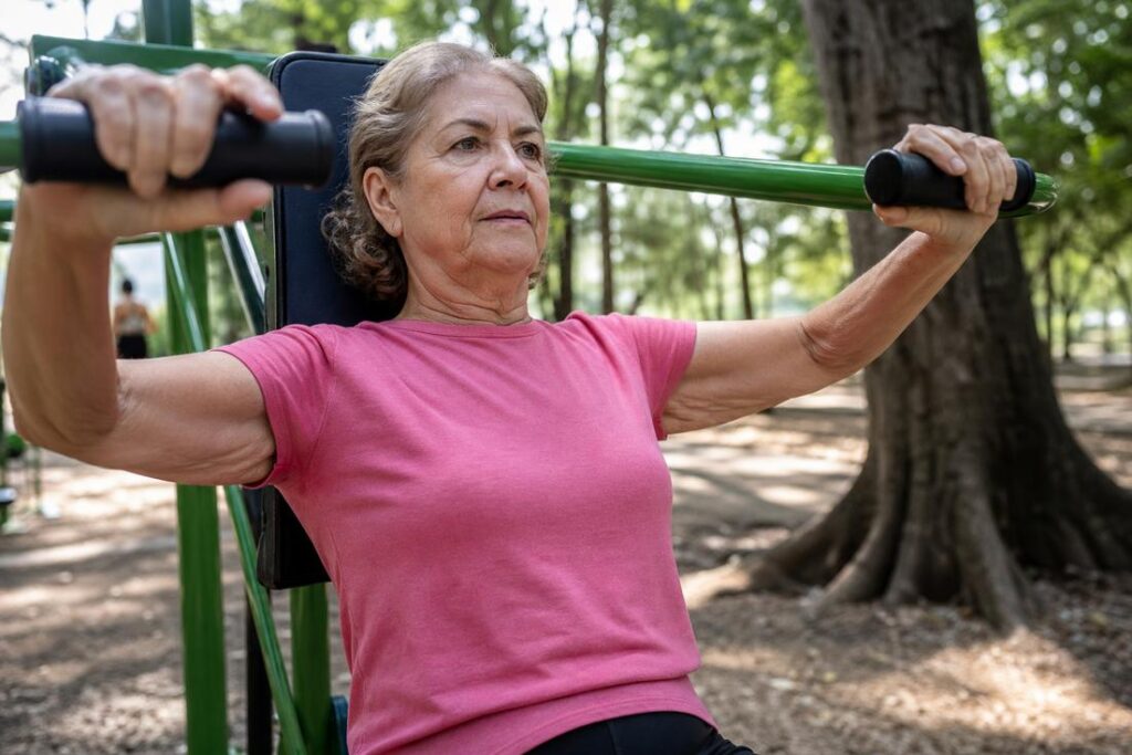 Imagem ilustrativa mostra mulher realizando treino de força, atividade associada pelo estudo à musculação e longevidade.