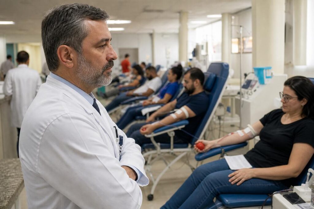 Imagem ilustrativa gerada por IA de profissional realizando coleta para doação de sangue raro em campanha de hemoterapia.