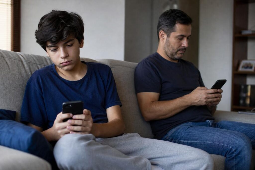 Adolescentes durante interação familiar; estudo analisou como o uso do celular pelos pais pode influenciar os vínculos emocionais dos filhos.