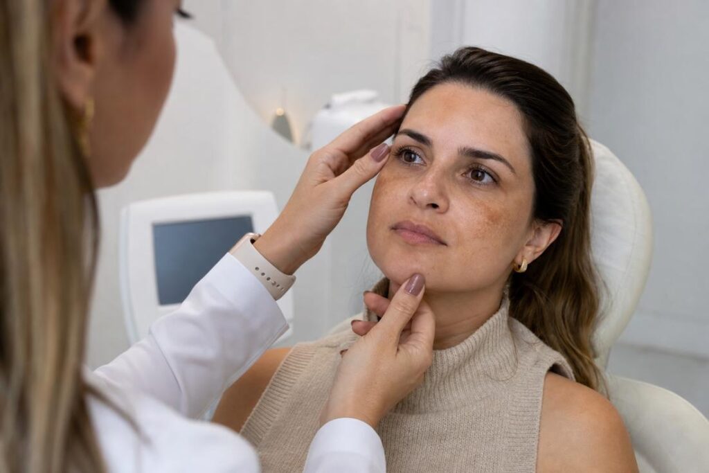 Dermatologista realizando avaliação de melasma no inverno em consultório com equipamentos modernos
