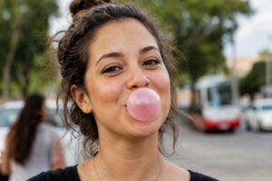 Mulher mascando chiclete em imagem ilustrativa sobre os efeitos de engolir chiclete faz mal e os mitos relacionados à digestão.