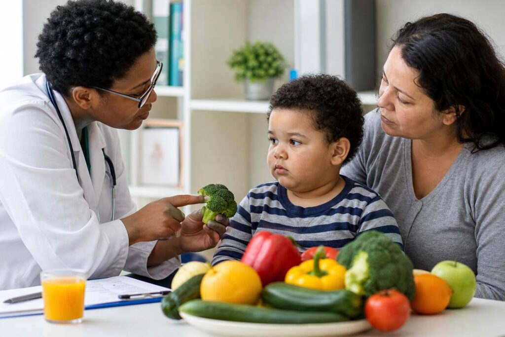 Crianca com alimentacao saudavel frutas e verduras em ambiente familiar