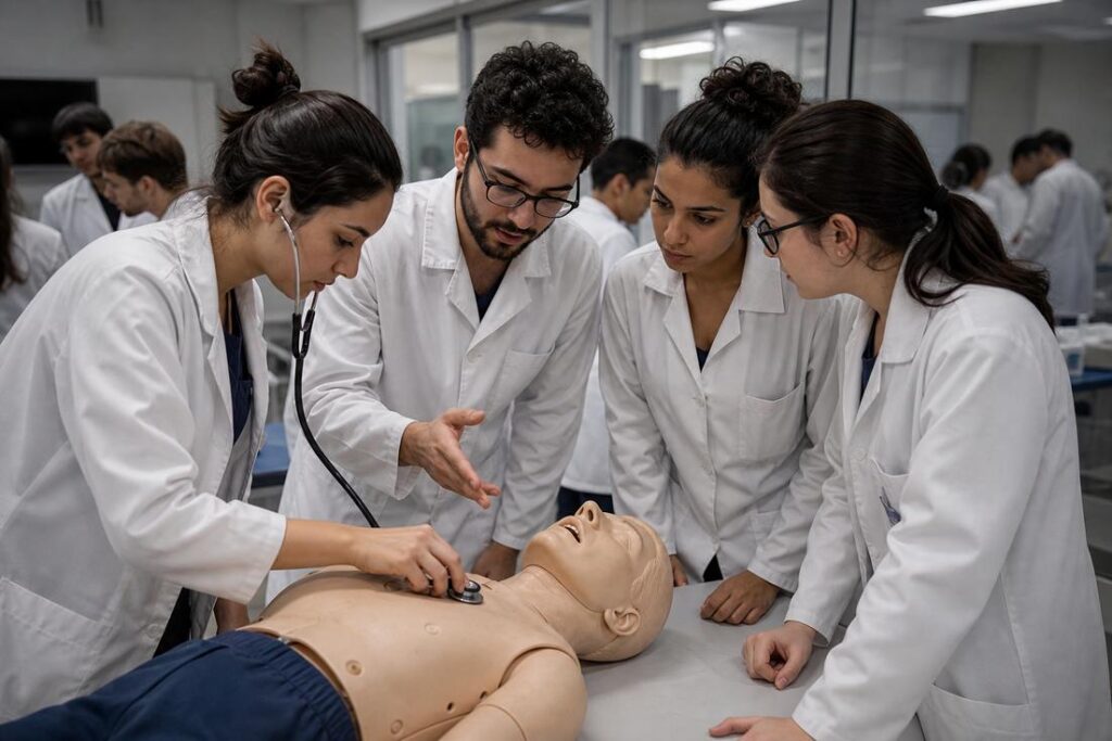 Imagem ilustrativa gerada por IA mostrando estudantes de Medicina durante atividade prática relacionada ao Enamed e à avaliação da formação médica.