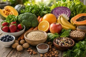 Imagem ilustrativa gerada por IA mostrando frutas, verduras e alimentos ricos em fibras na alimentação para promover saúde intestinal e prevenir doenças.