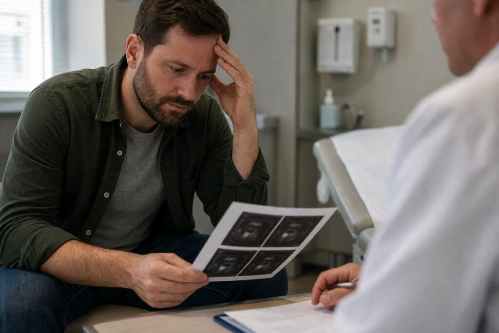 Imagem ilustrativa gerada por IA mostrando homem durante consulta médica sobre infertilidade masculina e avaliação da fertilidade.