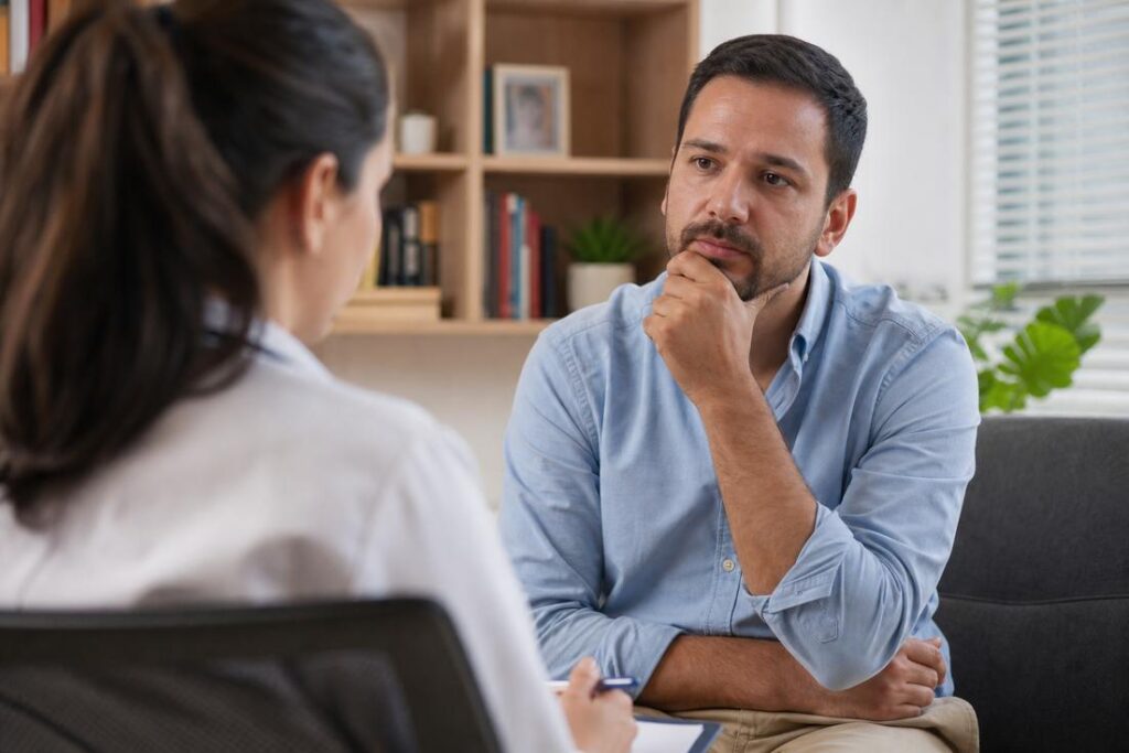 Imagem ilustrativa gerada por IA de homem adulto em consulta com profissional de saúde, representando o diagnóstico de autismo nível 1 em adultos.
