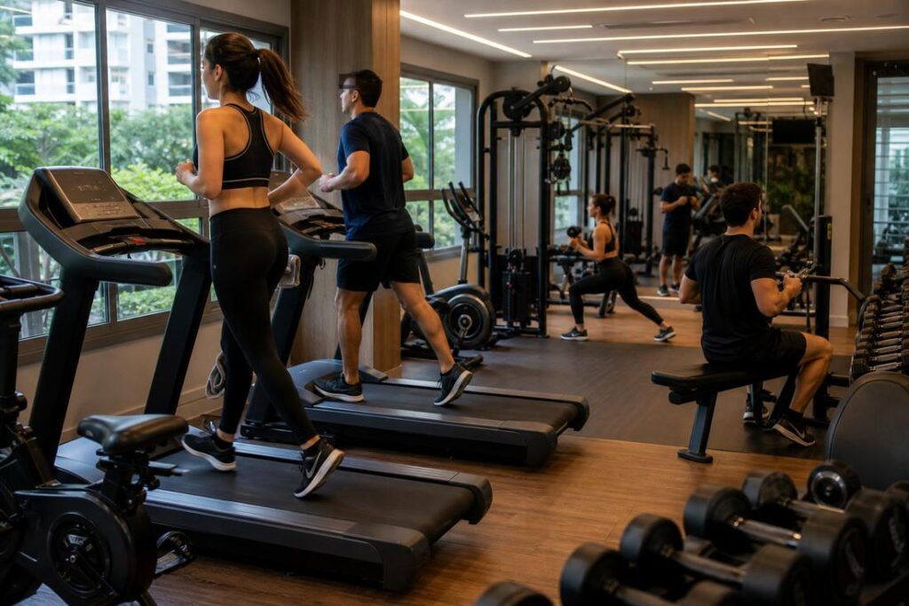 Imagem ilustrativa gerada por IA mostrando academia em condomínio como alternativa para reduzir a falta de tempo para exercícios.