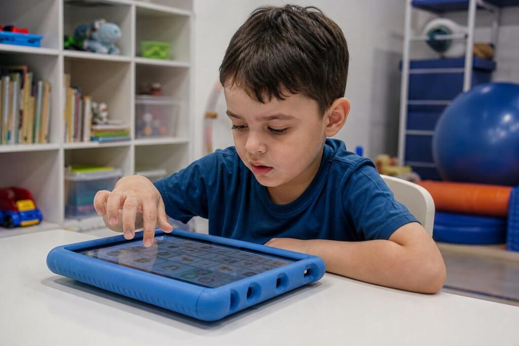 Criança com autismo não verbal usando tablet com comunicação assistiva