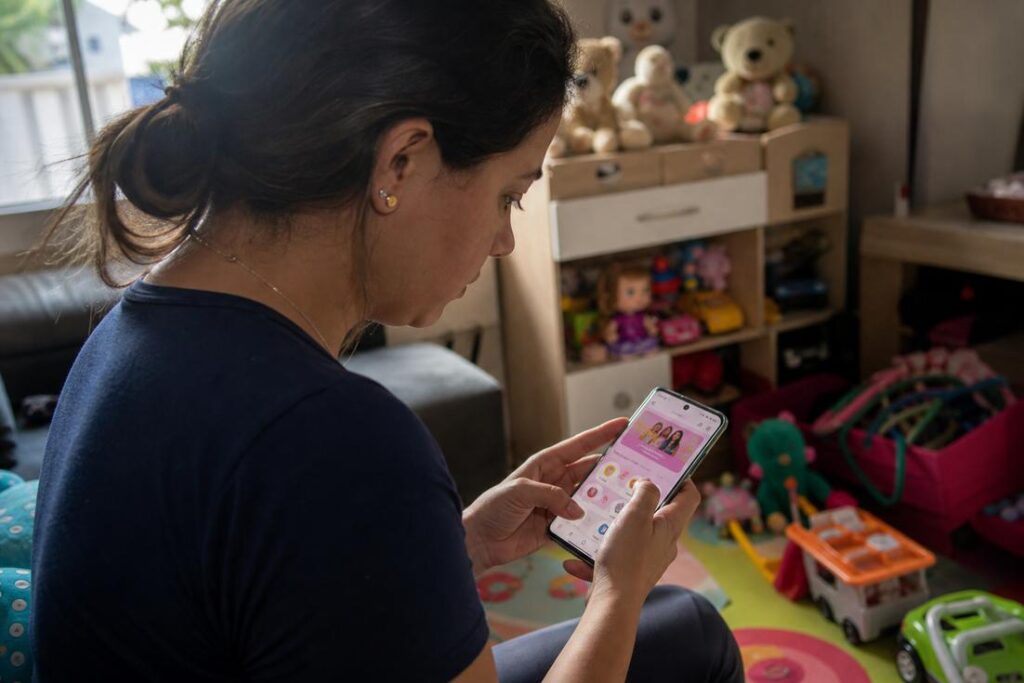 Mãe utiliza aplicativo Voz das Mães para acessar informações sobre maternidade atípica e apoio familiar