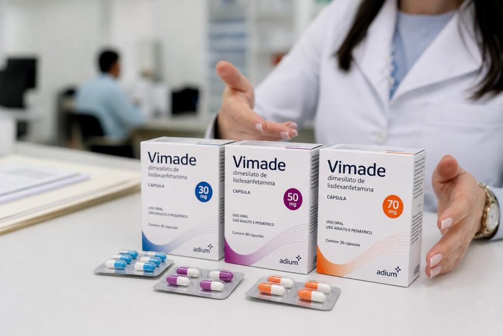 Vimade para TDAH, medicamento à base de lisdexanfetamina utilizado no tratamento do TDAH e da compulsão alimentar