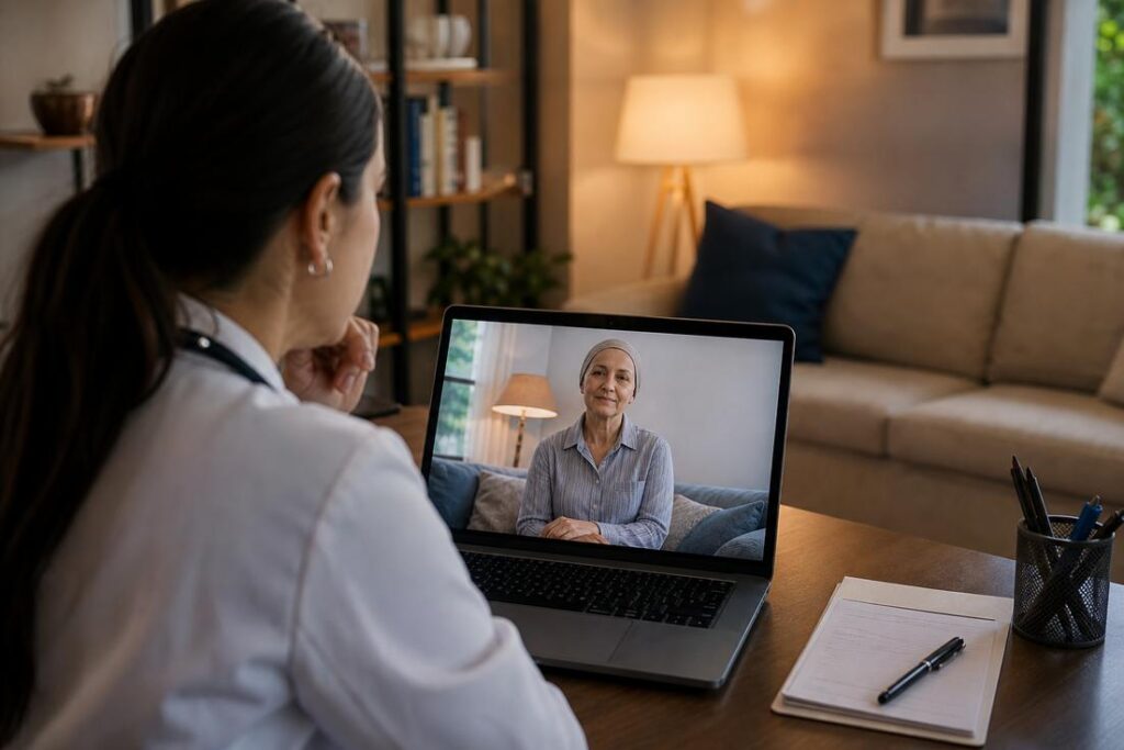 Médica realiza acompanhamento de paciente por telemedicina durante atendimento domiciliar em cuidados paliativos