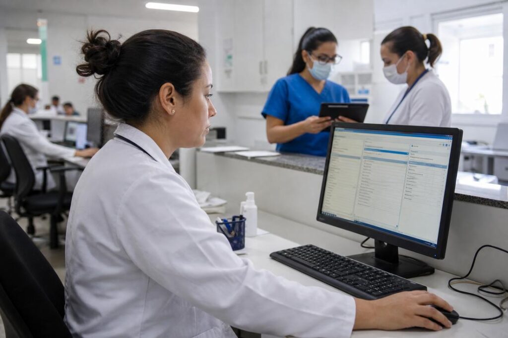 Profissional de saúde acessando dados do SUS integrados pela RMDS em Minas Gerais
