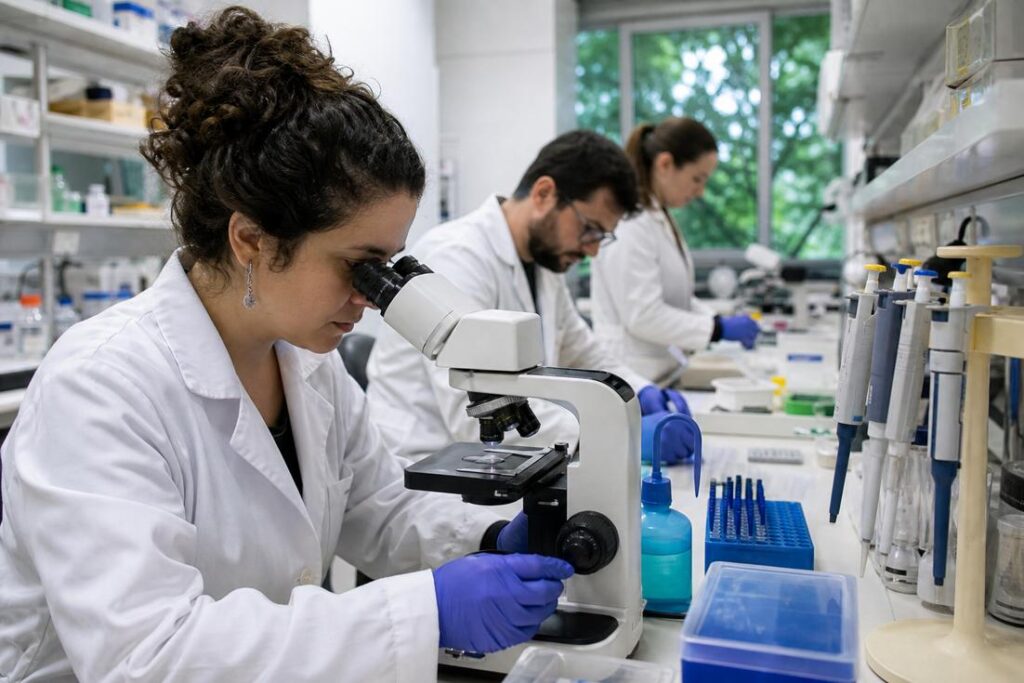 Pesquisadora analisa células em laboratório em estudo sobre proteína SDC4 e câncer