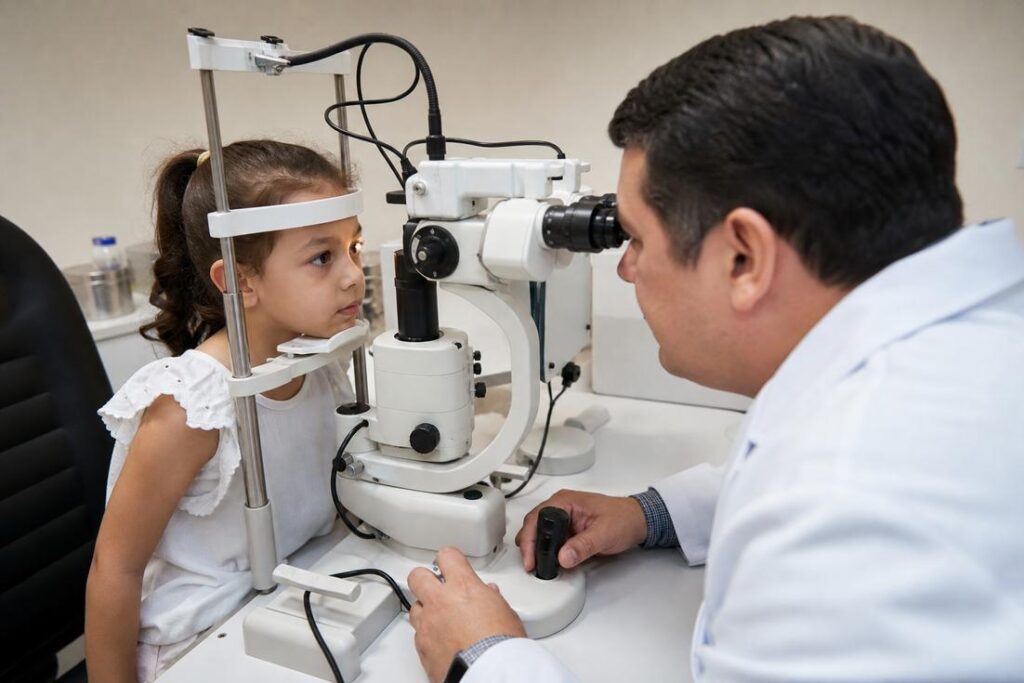 Criança em exame oftalmológico para acompanhamento da saúde ocular infantil
