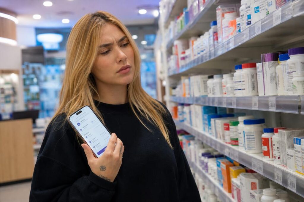 Farmacêutico orientando paciente sobre IA para medicamentos e riscos da automedicação